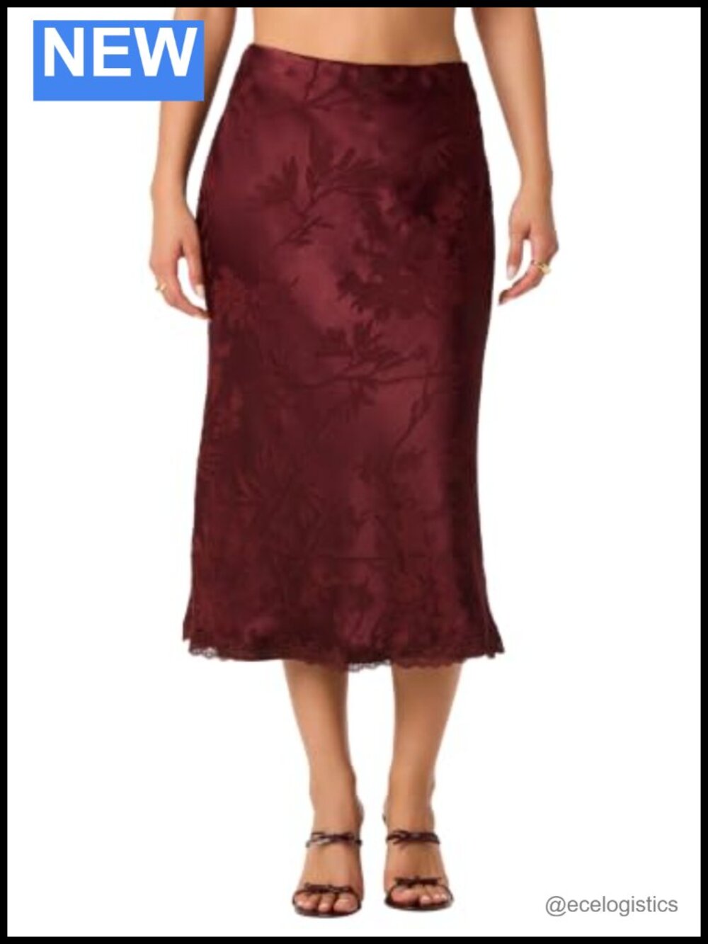 Midi Bias-Cut Satin Skirt with Floral Jacquard and Scalloped Lace Hem